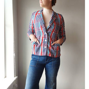 Vintage 70s Lightweight Plaid Seersucker Blazer